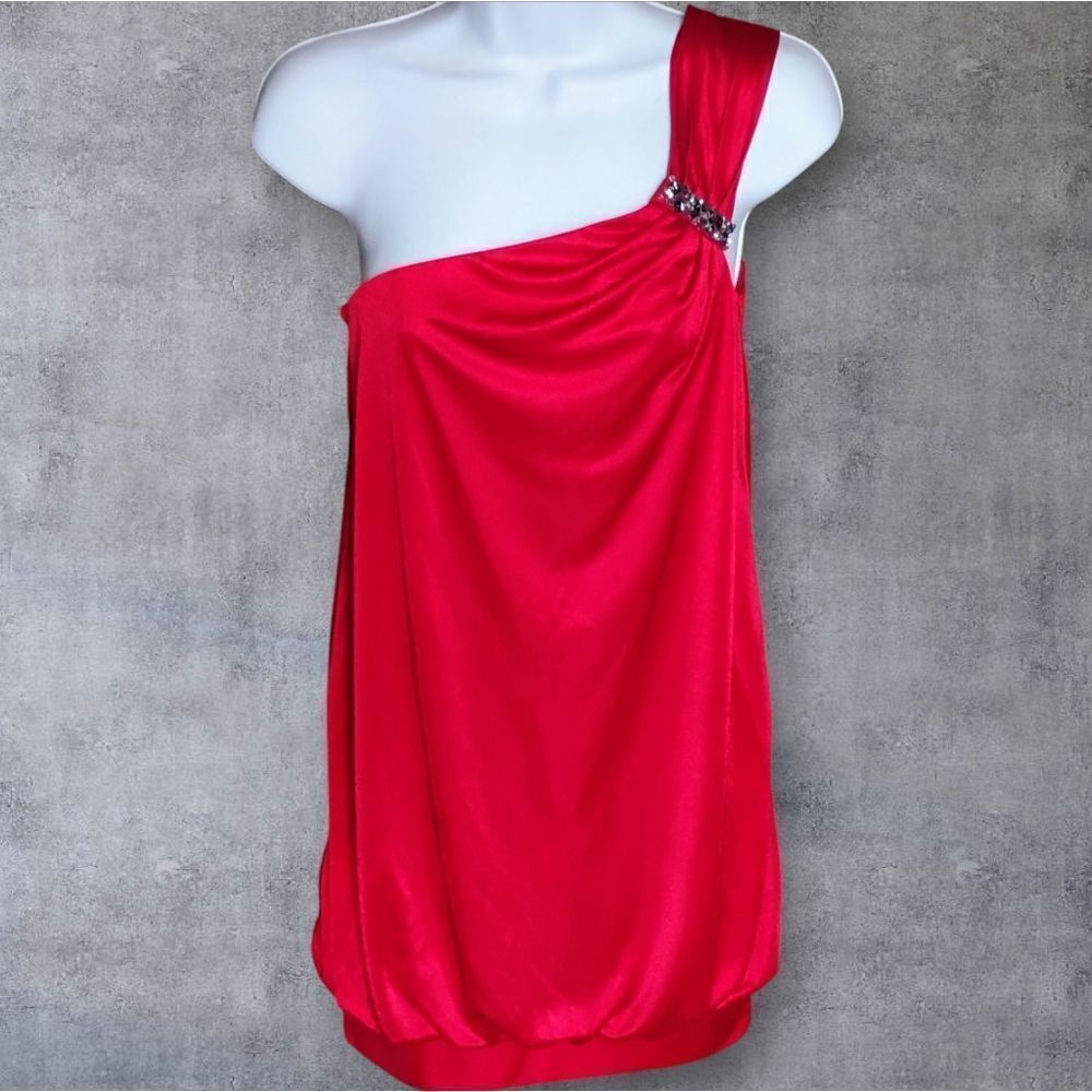 BCBG MaxAzria One Shoulder Satin Red Draped Top Size Small